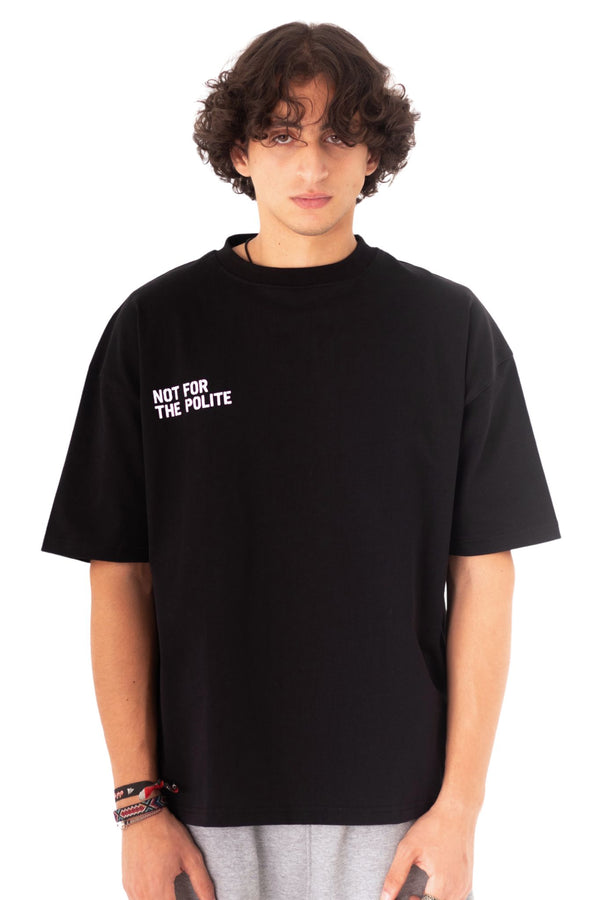 NOT FOR THE POLITE BLACK CHROME BOXY TEE front